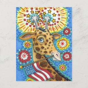 FJÄRDE AV JULI PATRIOTISK GIRAFFE & FIREWORKS Cute Helg Vykort