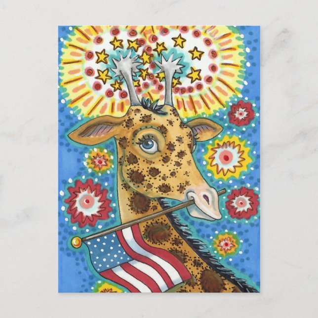 FJÄRDE AV JULI PATRIOTISK GIRAFFE & FIREWORKS Cute Helg Vykort (Framsida)