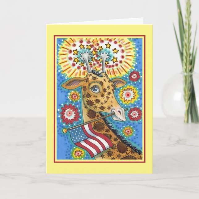 FJÄRDE AV JULI PATRIOTISK GIRAFFE & FIREWORKS Cute Helgkort (Framsida)