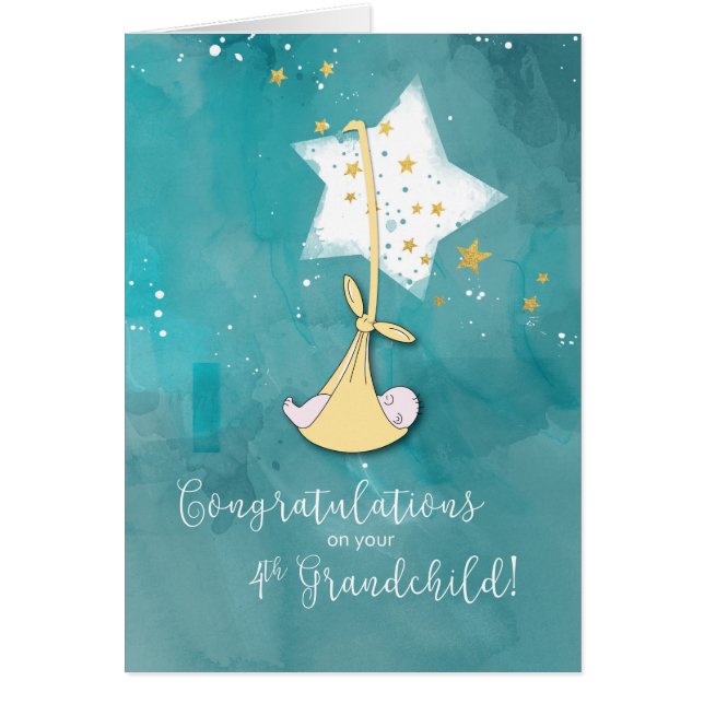 Fjärde farbarn-Grattisar, Baby i stjärnor Hälsningskort (Framsidan)