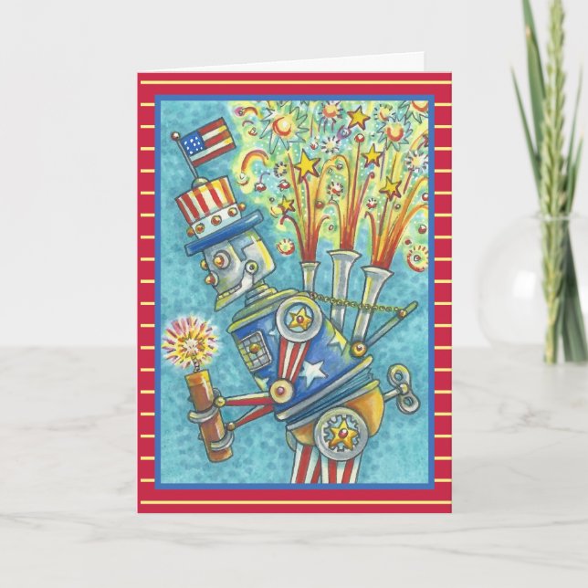 FJÄRDE FIREWORKS ROBOT GREETING CARD Verse Kort (Framsida)