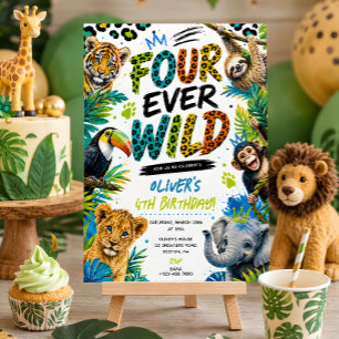 Fjärde födelsedag Four Ever Wild Animals-fest Inbjudningar