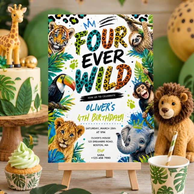 Fjärde födelsedag Four Ever Wild Animals-fest Inbjudningar (Skapare uppladdad)