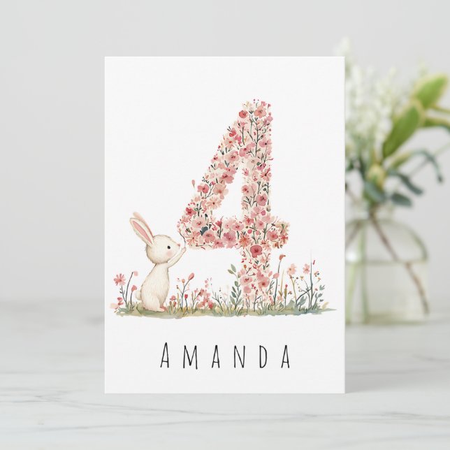 Fjärde födelsedagen Blommig fyra och vit kanin-kor Inbjudningar (Stående Fram)