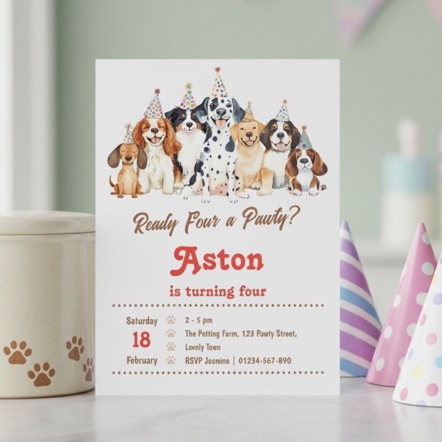 Fjärde födelsedagen redo för en Pawty-valpstema Inbjudningar (4th Birthday Pawty invitation for kids or dogs! Perfect for pawty in the park or dog lovers party.)