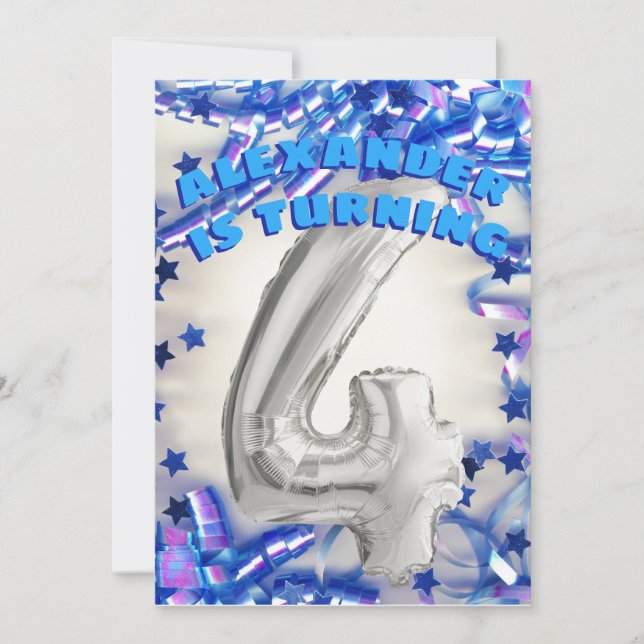 Fjärde födelsedagen Silver och Blå ålder 4 pojkar  Inbjudningar (Framsida)