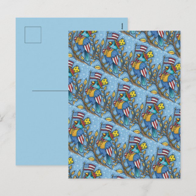FJÄRDE JULI BLUEBIRD TWEET, AMERICAN FLAGGA USA HELG VYKORT (Fram/baksida)
