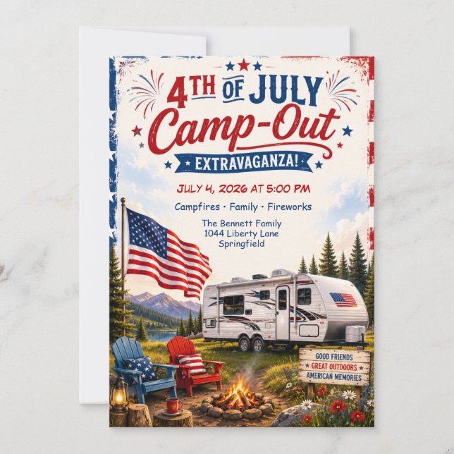 Fjärde juli-camping - Patriotisk husvagnscamping V Inbjudningar (Framsida)