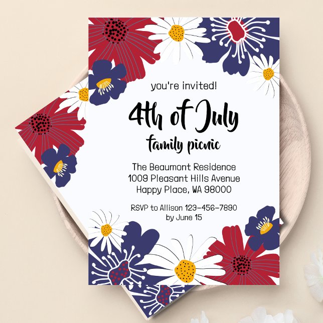 Fjärde juli: fjärde inbjudan till Retro Blommigt-p (Retro floral 4th of July party invitation, front and back.)