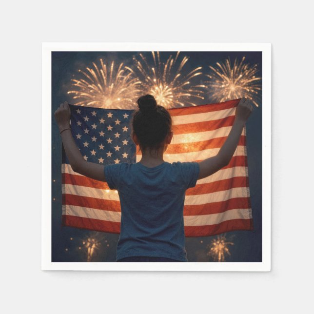 Fjärde juli-flicka med flagga och fyrverkerier pappersservett (Framsidan)