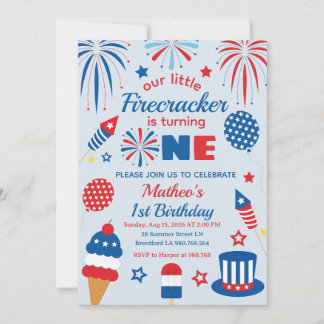 Fjärde juli Första födelsedags Firecracker-inbjuda Inbjudningar