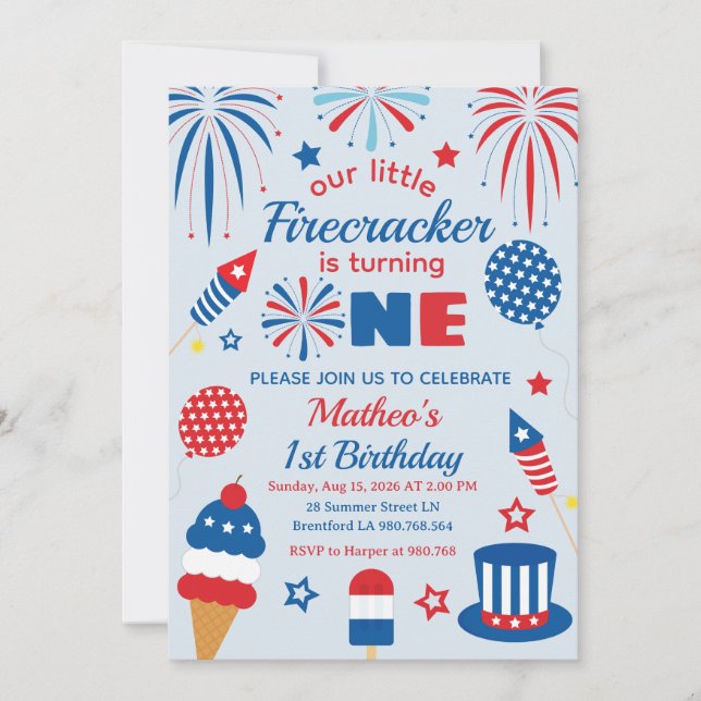 Fjärde juli Första födelsedags Firecracker-inbjuda Inbjudningar (Framsida)