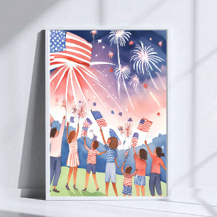 Fjärde juli-fyrverkerier Akvarell USA-flagga Poster