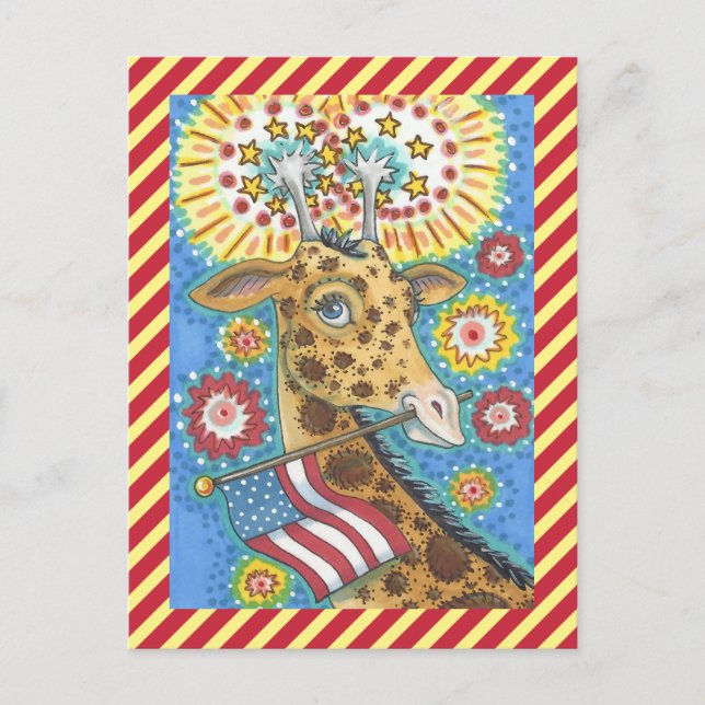 FJÄRDE JULI GIRAFFE OCH FIRWORKS POSTCARD VYKORT (Framsida)