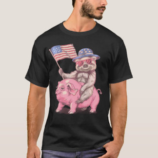 Fjärde juli: Lilla Sloth Gris American Flagga Amer T Shirt