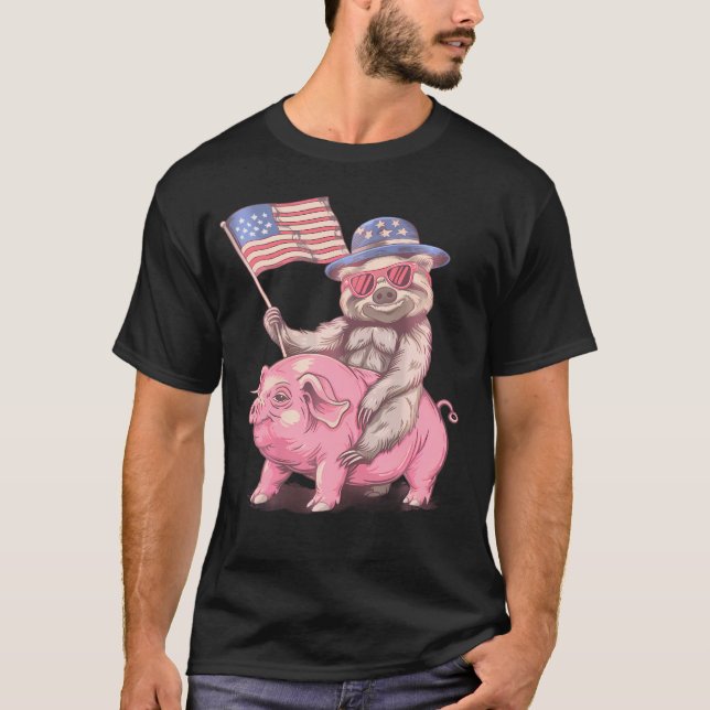 Fjärde juli: Lilla Sloth Gris American Flagga Amer T Shirt (Framsida)