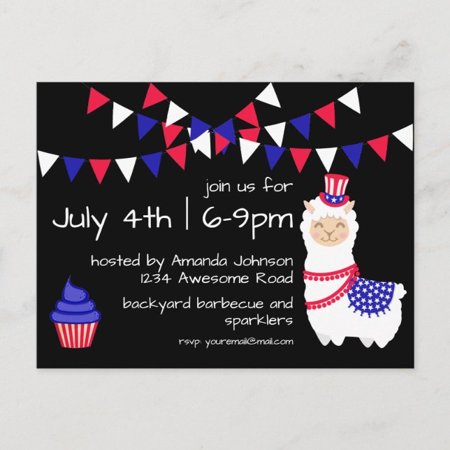 Fjärde juli Llama Party Vykort (Framsida)