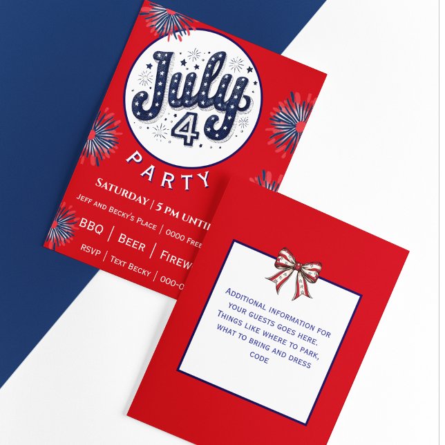 Fjärde juli med fyrverkerier i rött, vitt och blåt (Fully customize the front and back of your Fourth of July party invitation)