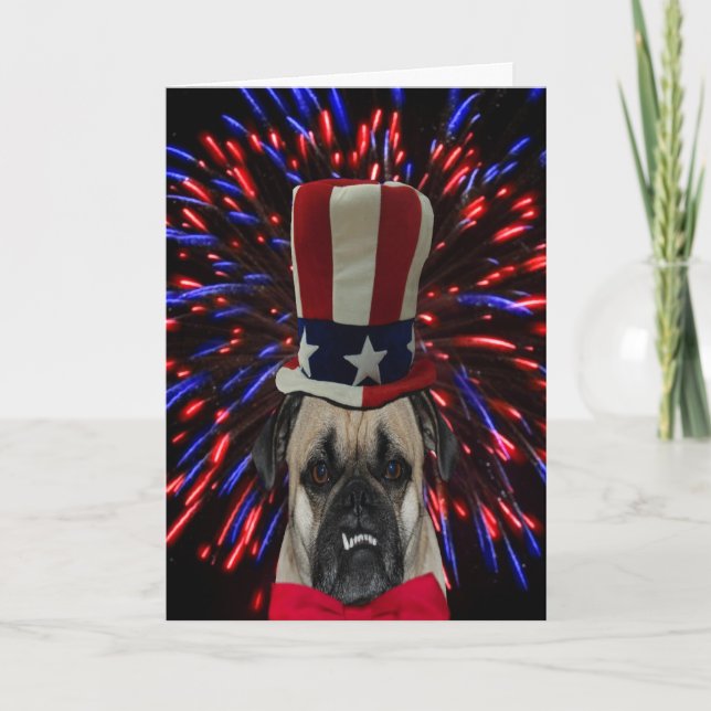 Fjärde juli Pug and Fireworks Card Kort (Framsida)