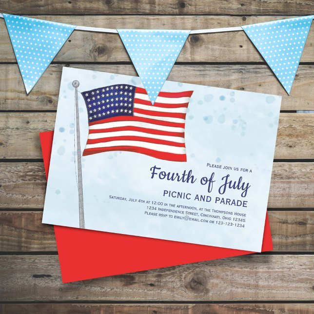 Fjärde juli Röda vita och blå Flagga Anpassningsba Inbjudningar (Celebrate the Fourth of July in Style with this watercolor custom invitation. )