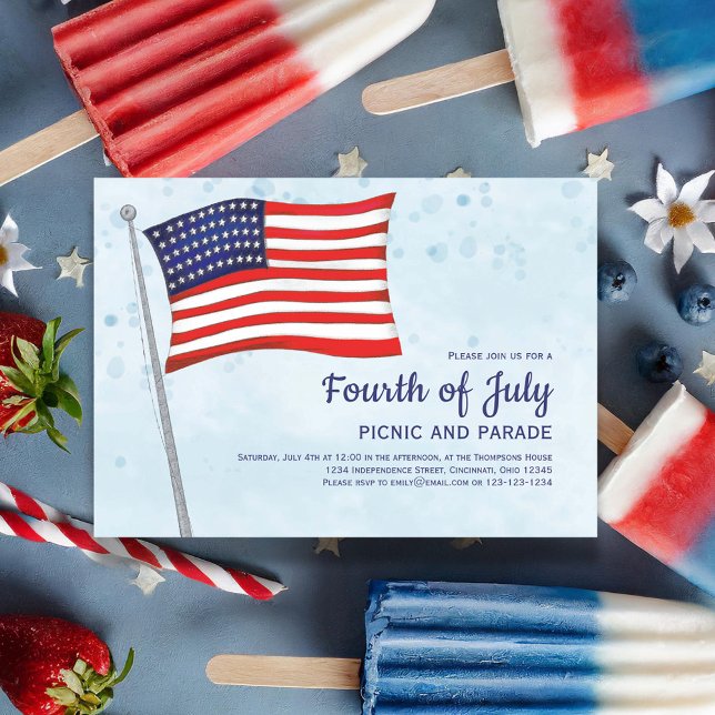 Fjärde juli Röda vita och blå Flagga Inbjudningar (Celebrate the Fourth of July in Style with this watercolor custom invitation. )