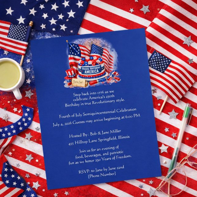 Fjärde juli-semikvincentenarie firande reklamblad (Celebrate 250 Years of Freedom with food, fireworks, and Revolutionary fun this Fourth of July!)
