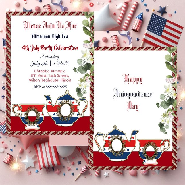 Fjärde juli-Tekannan Vintage eftermiddag Högtea Pa Inbjudningar (4th July Vintage Teapot Afternoon High Tea Party Invitation)
