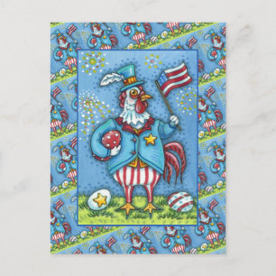 FJÄRDE JULI TUPP, FUNNY PATRIOTIC CHICKEN HELG VYKORT