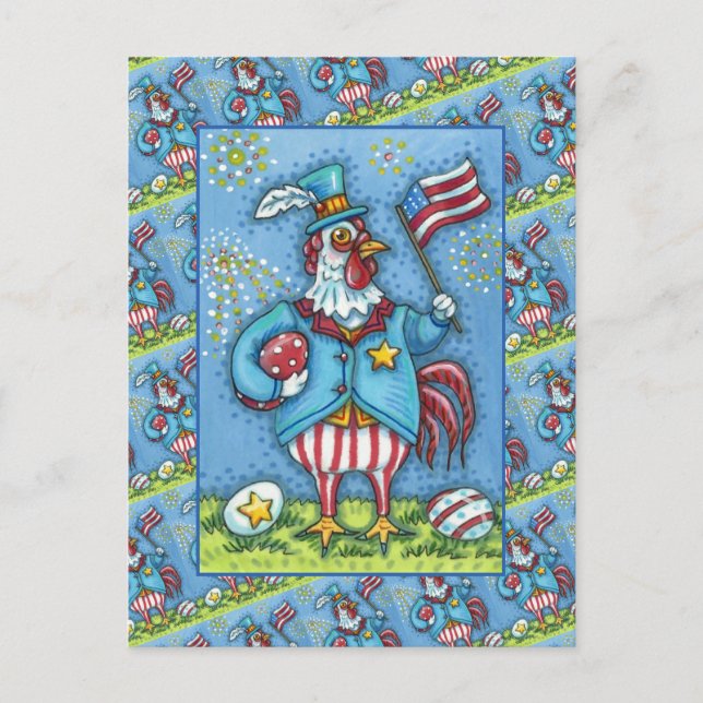 FJÄRDE JULI TUPP, FUNNY PATRIOTIC CHICKEN HELG VYKORT (Framsida)