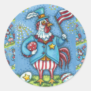 FJÄRDE JULI TUPP, FUNNY PATRIOTIC CHICKEN RUNT KLISTERMÄRKE