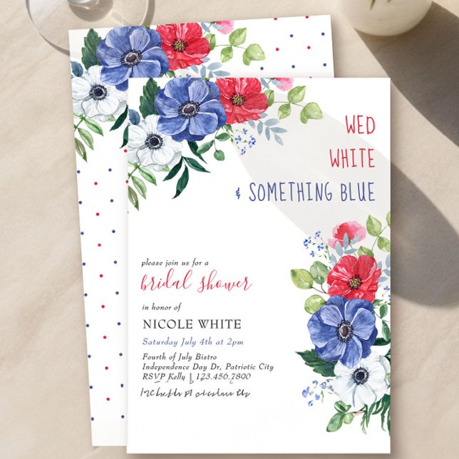 Fjärde juli Vit något blått Möhippa Inbjudningar (Red White & Something Blue Fourth of July Bridal Shower Invitation by Darling & May)