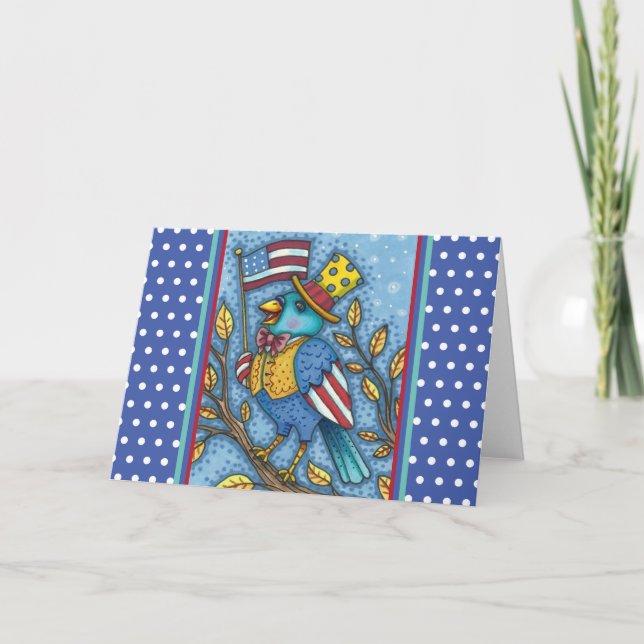 FJÄRDE JULY BLUEBIRD TWEET, AMERICAN FLAGGA Blank Helgkort (Framsida)
