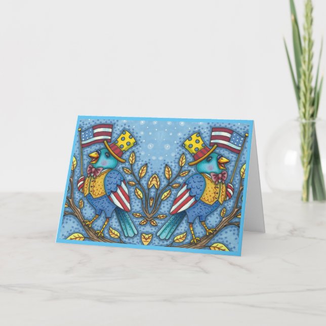 FJÄRDE JULY BLUEBIRD TWEET, AMERIKANSK FLAGGA Cute Helgkort (Framsida)