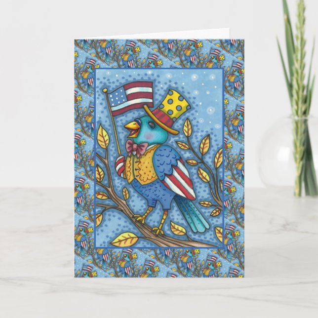FJÄRDE JULY BLUEBIRD TWEET, AMERIKANSK FLAGGA Cute Helgkort (Framsida)
