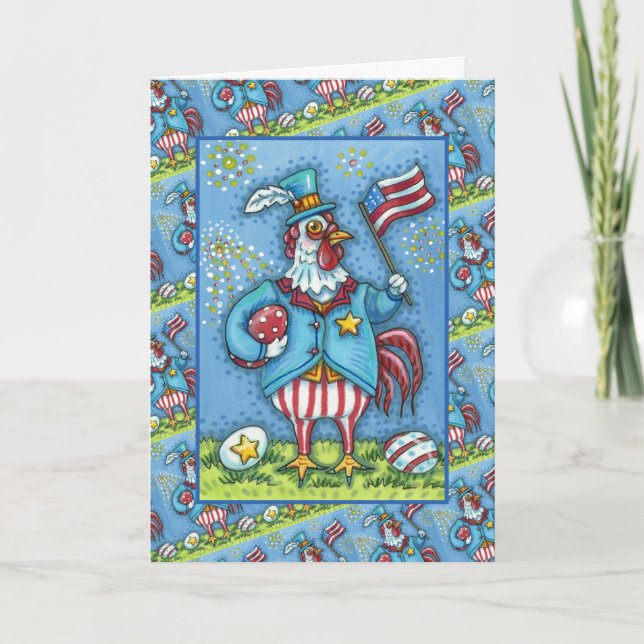 FJÄRDE JULY TUPP, FUNNY PATRIOTIC CHICKEN Verse Helgkort (Framsida)