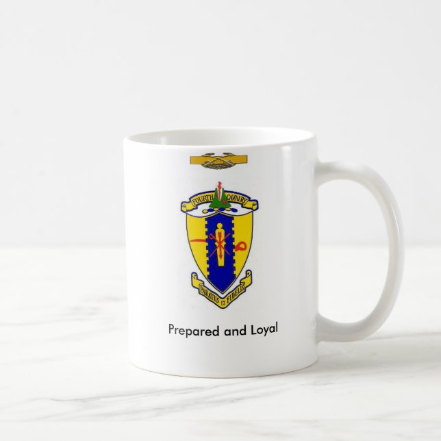 Fjärde kavalleri krönar, mottoen och CCB Kaffemugg (Höger)