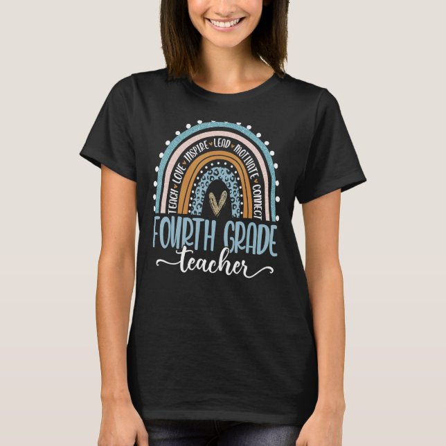 Fjärde Klass-läraren Leopard Boho Rainbow tillbaka T Shirt (Framsida)