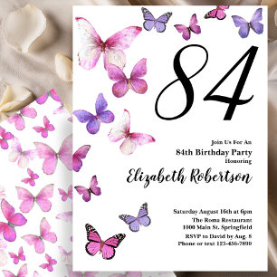 Fjäril 84-års födelsedagsinbjudan i rosa/lila inbjudningar