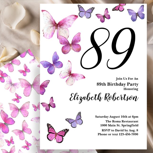 Fjäril 89-års födelsedagsinbjudan i rosa/lila inbjudningar (Skapare uppladdad)