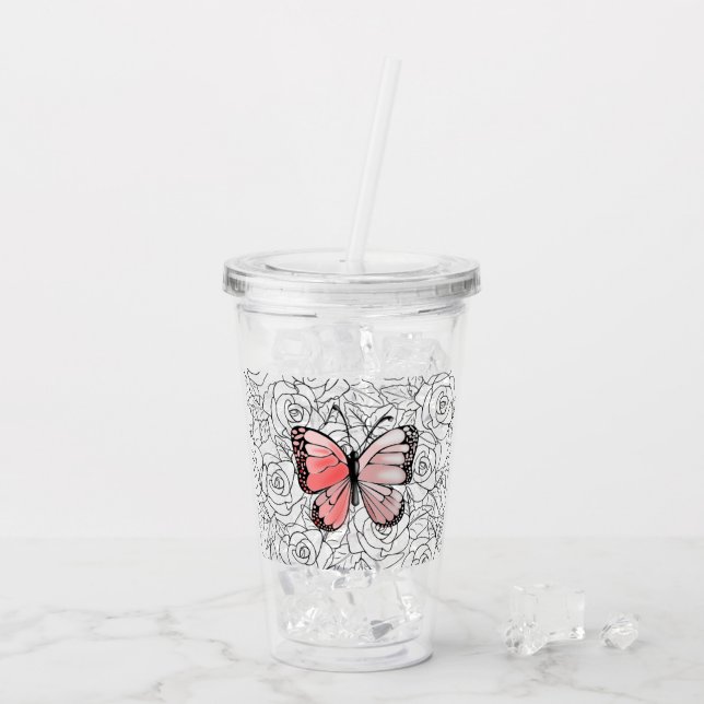 Fjäril Akryl Tumbler Rosor Take Away Mugg (Baksida Ice)