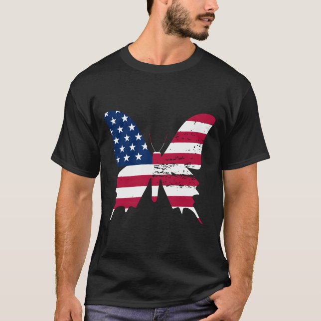 Fjäril Amerikansk Flagga 4:e Juli Fjäril T Shirt (Framsida)