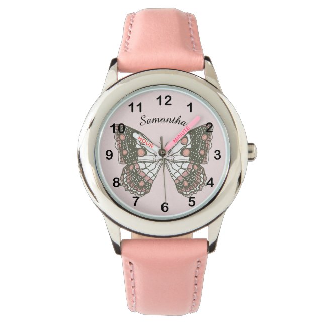 Fjäril & Anpassat Namn på Mjuk Rosa Armbandsur (Framsida)