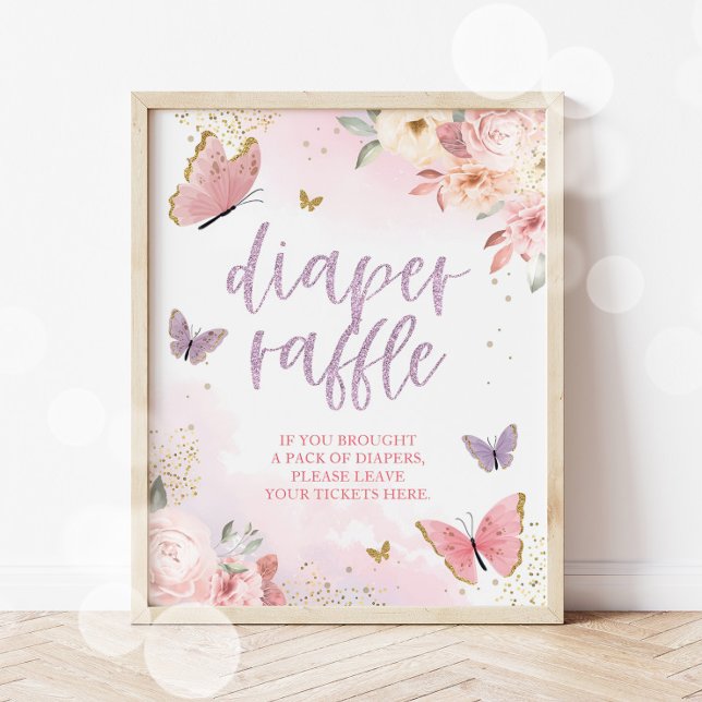 Fjäril blöja lotteri baby shower skylt 11x14 (Diaper Raffle Butterfly Sign)