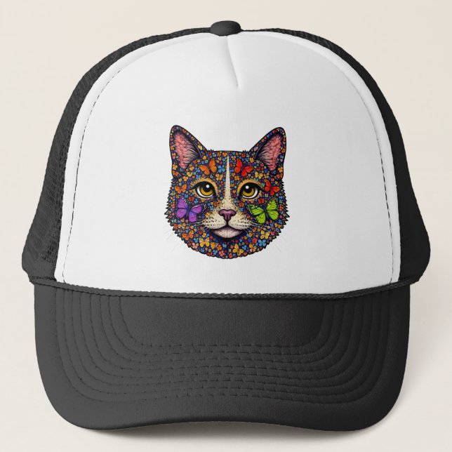 Fjäril Blomma Färgrik Katt Porträtt | Katters Mamm Keps (Framsida)