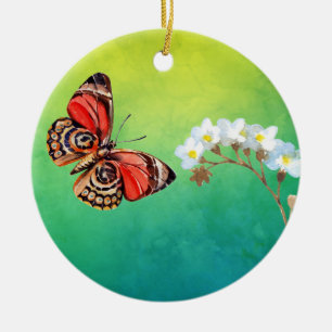 Fjäril & blomma på grön vattenfärg julgransprydnad keramik