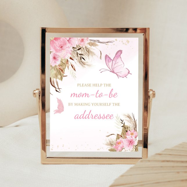 Fjäril Blommig Baby Shower Kuvert Station Skylt (Pink Butterfly Baby Shower Envelope Station Sign)