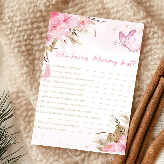 Fjäril Blommig Baby Vem Känner Mamma Bäst Lek (Pink Butterfly Baby Shower Who Knows Mommy Best Game)