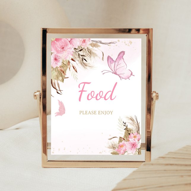 Fjäril Blommig Bebis Bjudning Mat skylt (Pink Butterfly Baby Shower Food Sign)