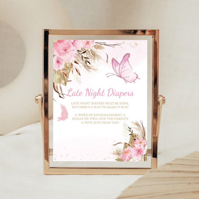 Fjäril Blommig Dusch Sena Nattens Blöjor Skylt (Pink Butterfly Baby Shower Late Night Diapers Sign)