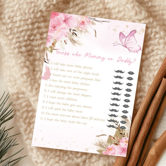 Fjäril Blommig Gissa Vem Mamma eller Pappa Lek (Pink Butterfly Baby Shower Guess Who Mommy or Daddy Game)